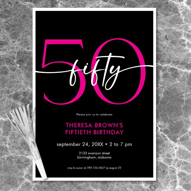 Convite Noivado de 50 Script Mínimo Rosa Moderno (Modern Minimal Pink Fifty Script Birthday Invitation)
