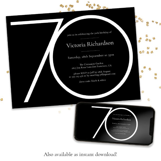 Convite Noivado de 70 minimalista preto-branco moderno (Minimalist 70th Birthday Modern Custom Black White Invitation
)