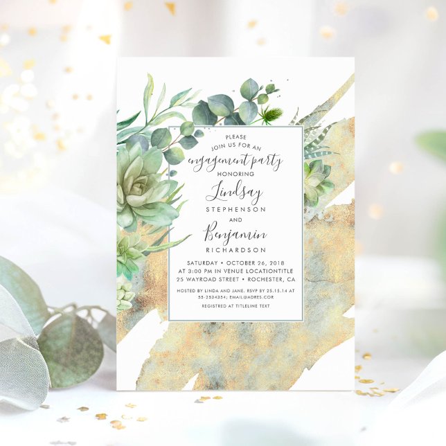 Convite Noivado de Aquarelas Douradas de Molericultura (Succulents Greenery Engagement Party Invitations)