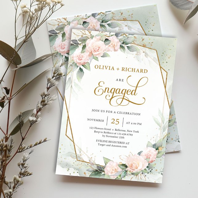 Convite Noivado de armação dourada de rosas rosa-claro (Modern watercolor pale pink roses mixed eucalyptus and gold frame engagement invitation digital)