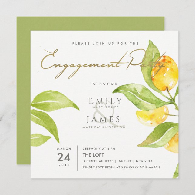 Convite Noivado DE AZEITE DE FOLIAGEM DE ÁGUA VERDE AMAREL (Frente/Verso)