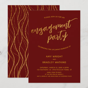 Convite Noivado de Borgonha Moderno de Ondas Douradas