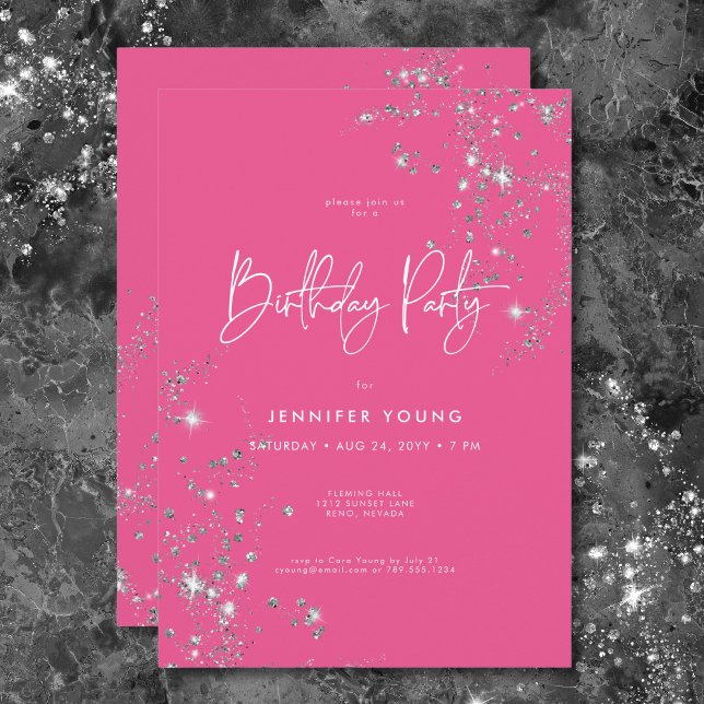 Convite Noivado de Brilho Branco Mínimo Rosa Moderno (Modern Minimal Pink White Glam Diamonds Birthday Invitation)