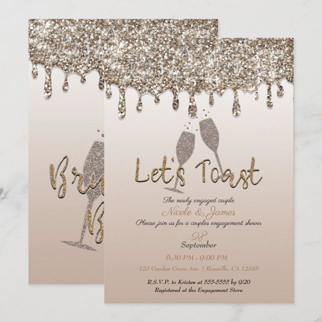Convite Noivado de Brunch de Driblagem de Glitter Dourada  (Frente/Verso)