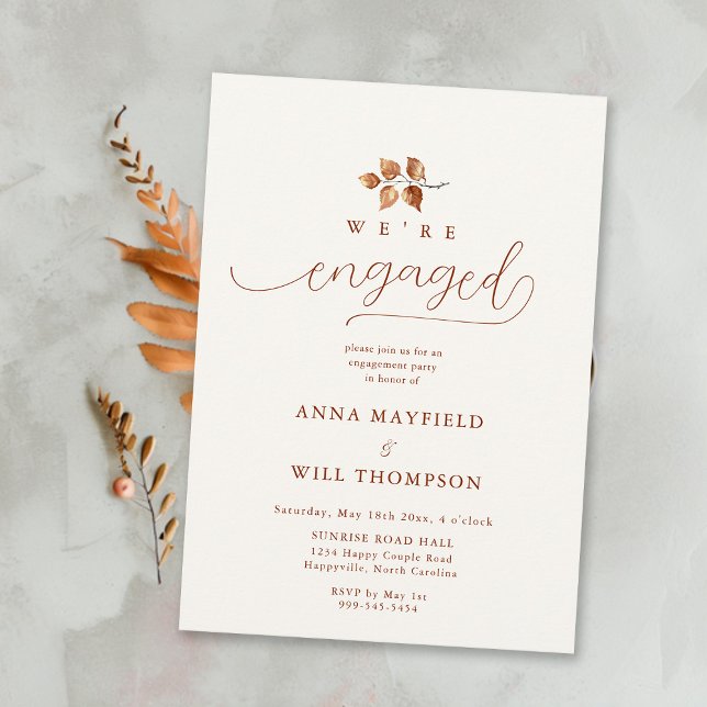 Convite Noivado de Caligrafia Suave de Terracotta (Fall Engagement Party Invitation Romantic Elegant Calligraphy Terracotta Autumn Foliage)