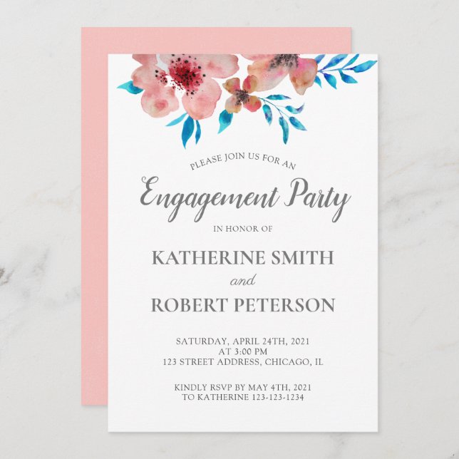 Convite Noivado De Casamento De Aquarela De Flores Rosa El (Frente/Verso)