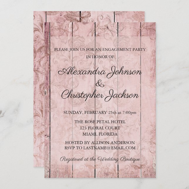 Convite Noivado de Casamento de Madeira Dourada Rosa Rosa  (Frente/Verso)