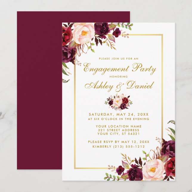 Convite Noivado de Casamento Dourado Floral Burgundy Convi (Frente/Verso)