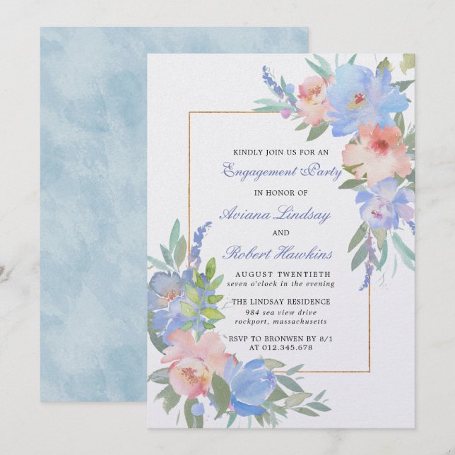 Convite Noivado de Casamento Floral Azul Pastel Cor-de-Ros (Frente/Verso)
