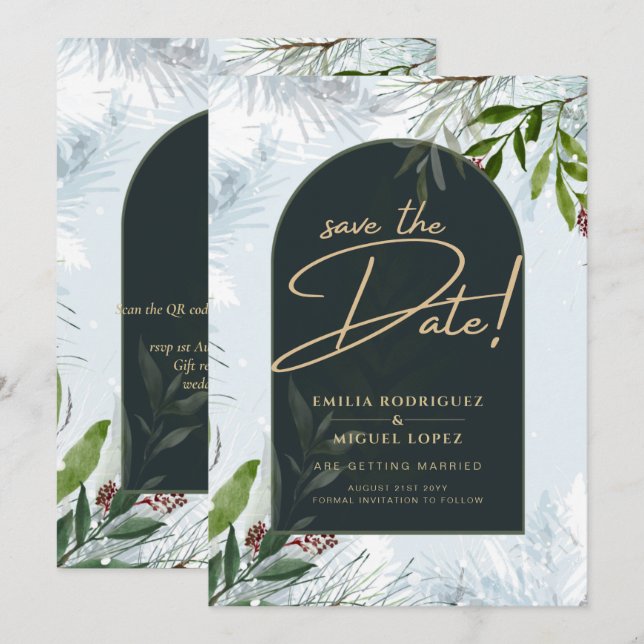 Convite Noivado de Casamento Moderno com Verde de Inverno  (Frente/Verso)