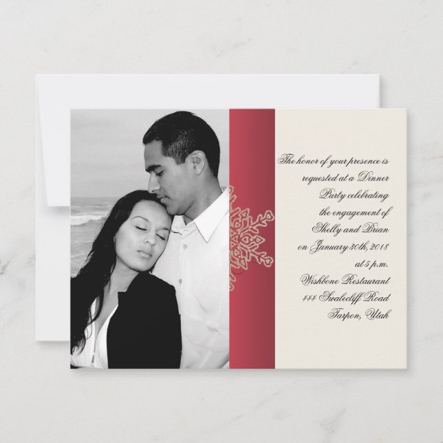 Convite Noivado de Casamento Vermelho e Dourado em Floco d (Frente)