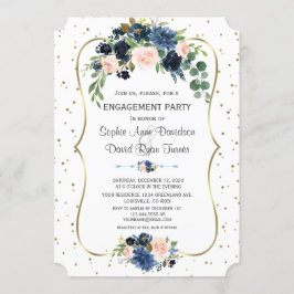 Convite Noivado de Confetti Dourado Floral Azul Blush