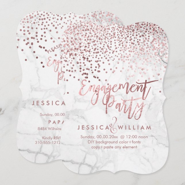 Convite Noivado de Confetti Dourado Marble Faux Rosa (Frente/Verso)