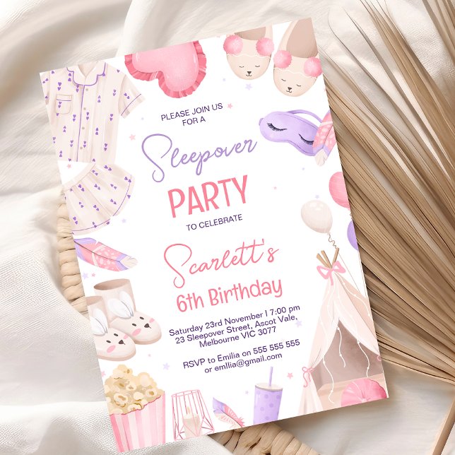 Convite Noivado de Festa de Sonepover, Meninas Roxas Rosa (Purple Pink Sleepover Party Birthday Invitation For Girl Teepee Sleepover Themed Birthday Pajamas)