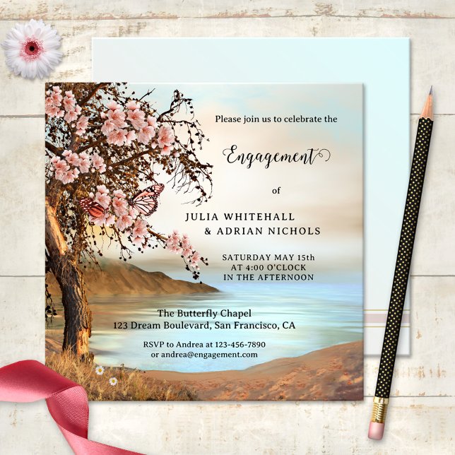 Convite Noivado de Flor de Borboleta Rosa (Engagement invitation featuring a painting of an ocean with a cherry blossom tree and butterflies)
