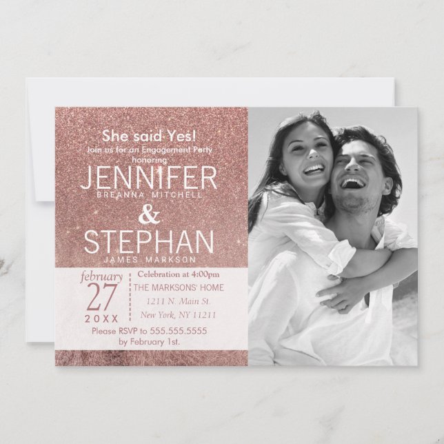 Convite Noivado de Folha Glitter Dourada, Girly Modern (Frente)