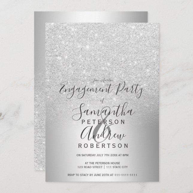 Convite Noivado de folhas metálicas ombreiras de prata (Frente/Verso)