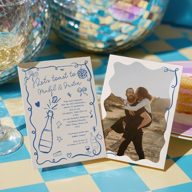 Convite Noivado de fotos ilustrado com azul retrô francês (Retro French blue illustrated photo Engagement Invitation)