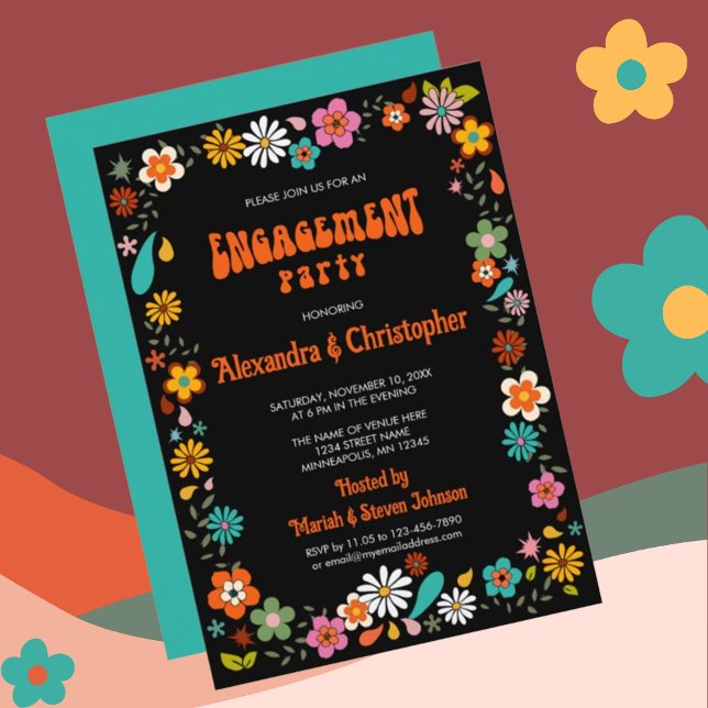 Convite noivado de fundo Funky Black inspirado nos anos 70 (Criador carregado)