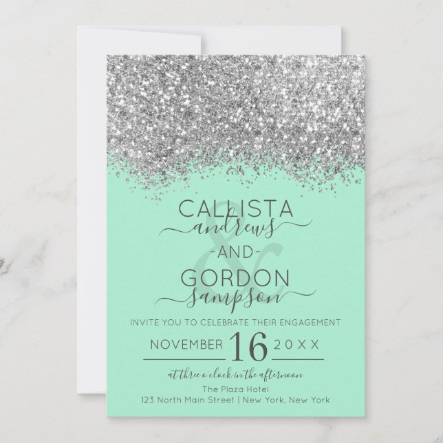 Convite Noivado de Luxo Silver Neo Mint Glitter Confetti (Frente)