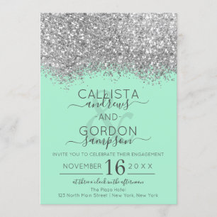 Convite Noivado de Luxo Silver Neo Mint Glitter Confetti