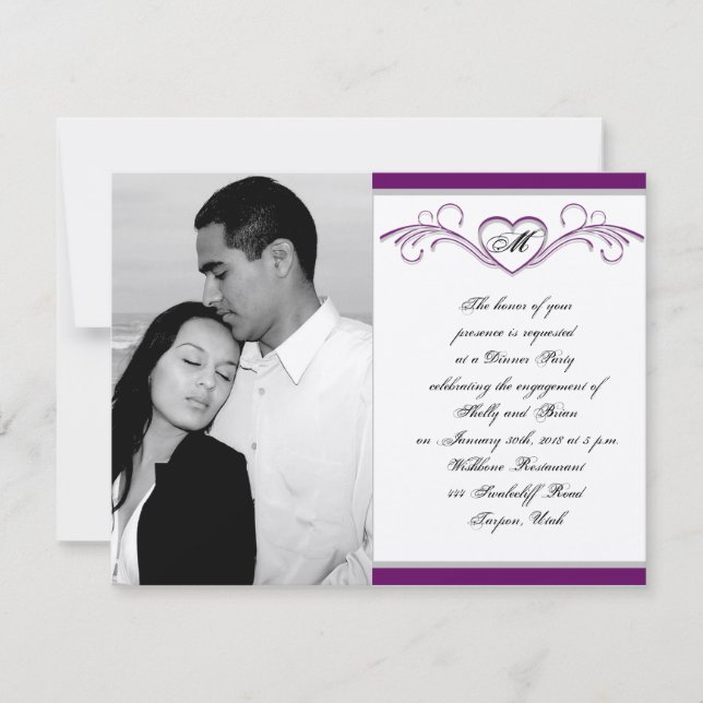 Convite Noivado de Monograma de Rolagem de Coração Roxo e  (Frente)