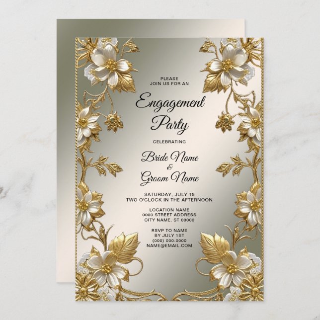 Convite Noivado de Ornamentado Dourado Floral Branco (Frente/Verso)