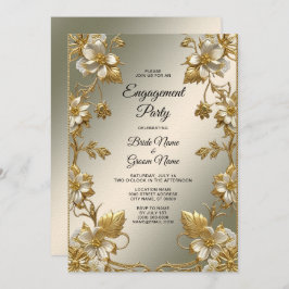 Convite Noivado de Ornamentado Dourado Floral Branco