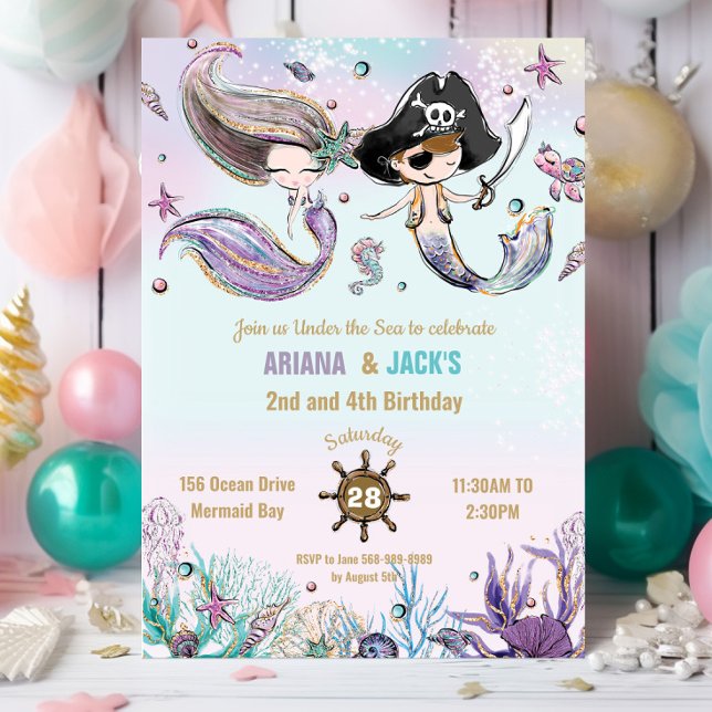 Convite Noivado de Piratas Gêmeas do Cabelo Castanho (mermaid and pirate twins brother sister joint pool birthday party invitation cards printed digital)