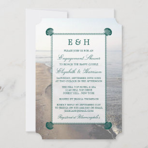 Convite Noivado de praia Elegante Teal Monograma Scallop