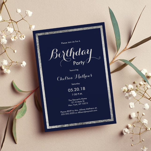 Convite Noivado de prata azul-azul-marinho elegante (Elegant modern navy blue faux silver Birthday Invitation)
