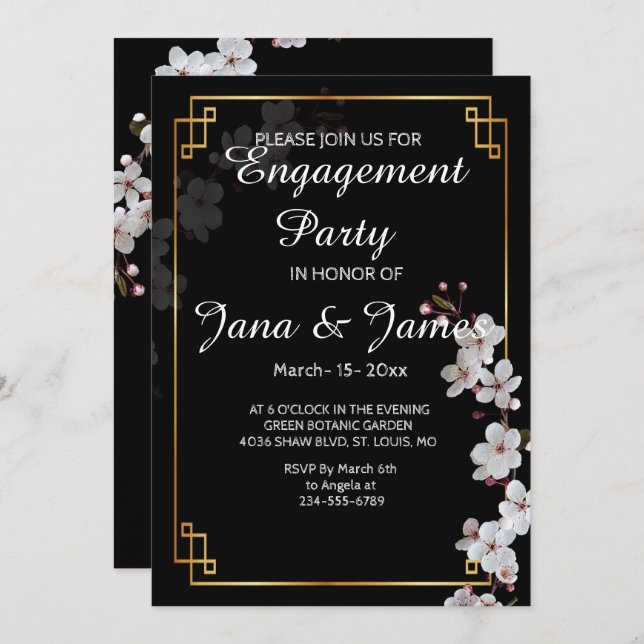 Convite noivado de quadros do ouro e do brilho branco (Frente/Verso)