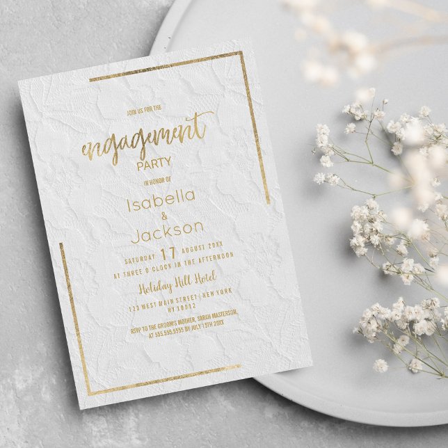 Convite Noivado de renda floral francês de ouro branco ele (Elegant white gold french floral lace Engagement Invitation)