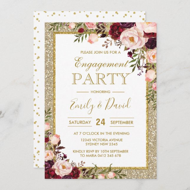 Convite Noivado de Rosas Burgundy Bling Watercolor (Frente/Verso)