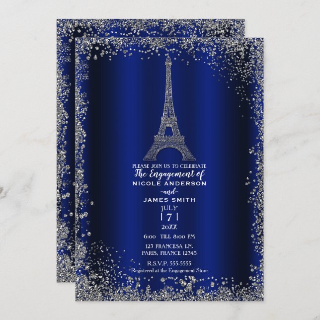 Convite Noivado de Torre Eiffel Real Blue Silver Glitter (Frente/Verso)