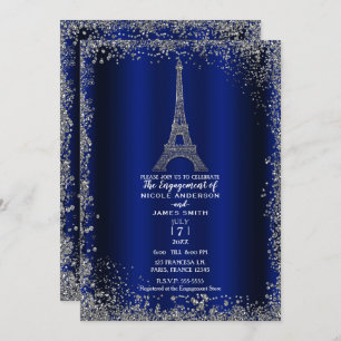 Convite Noivado de Torre Eiffel Real Blue Silver Glitter