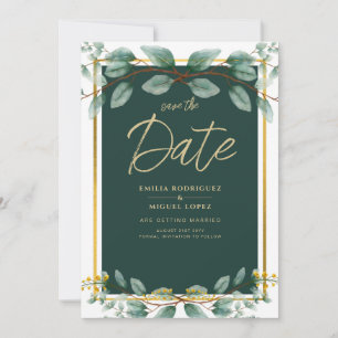 Convite Noivado de Verde Save Date Verde Dourado Moderno
