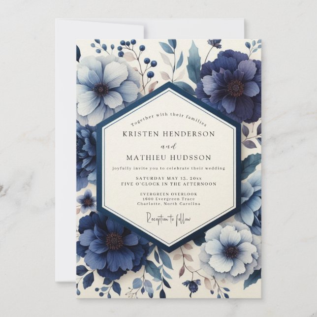 Convite Noivado Deep Blue Moody Bloom (Frente)