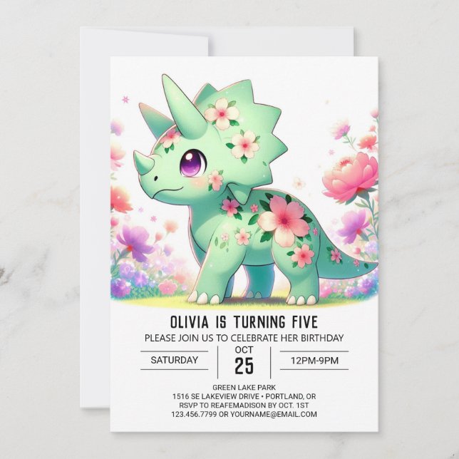 Convite Noivado Digital de Dinossaur de Diversão Floral (Frente)