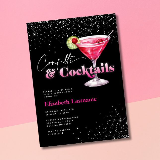 Convite Noivado do Confetti Preto e Cocktails Rosa (Criador carregado)