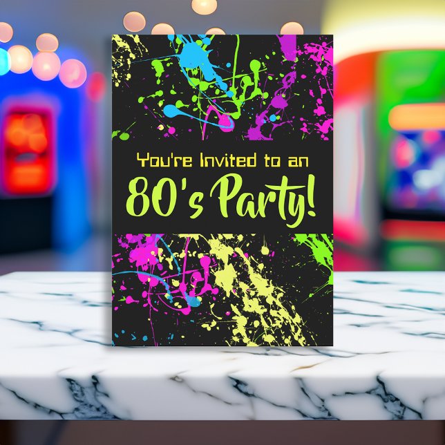 Convite Noivado do Neon Paint Splatter do Partido 80 (custom 80s birthday party invitation decorations)