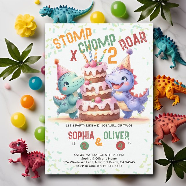 Convite Noivado do Partido Dinossauro Bolo Engraçado (dinosaur joint sibling birthday party dino stomp chomp roar funny watercolor giant cake prehistoric )