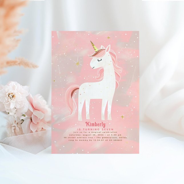 Convite Noivado do Unicórnio Mínimo, Rosa e Dourado (Unicorn Birthday Invitation Pink Beige and Gold)