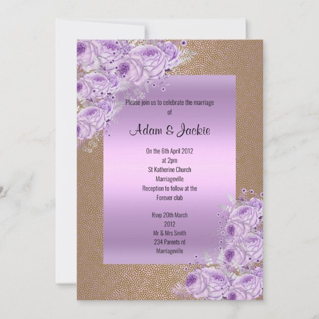 Convite Noivado Dourado de Casamento Elegante Roxo Lilac (Frente)
