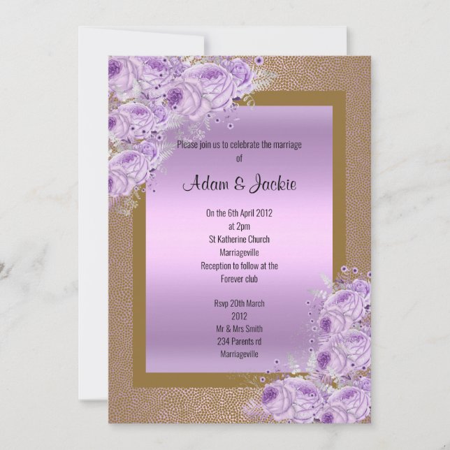 Convite Noivado Dourado de Casamento Elegante Roxo Lilac (Frente)