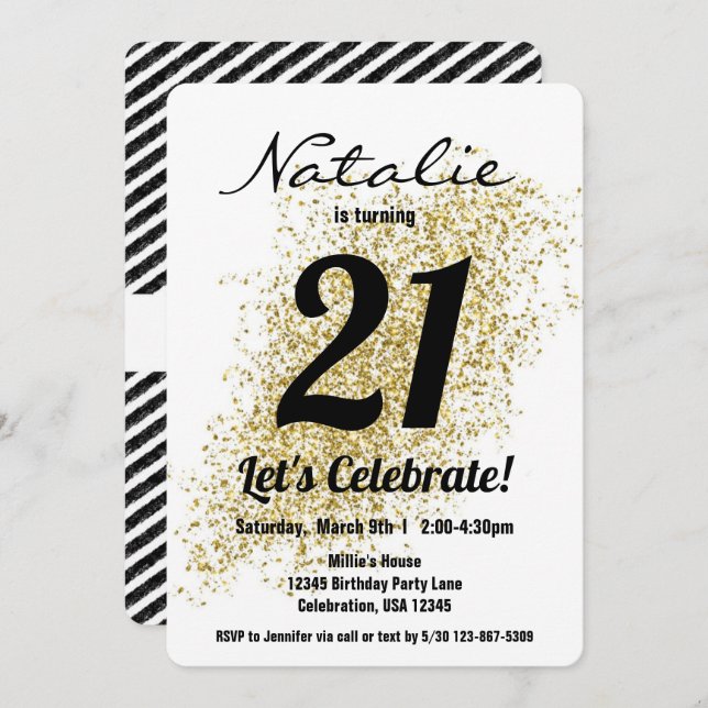 Convite Noivado Dourado de Confetti Black e White Girl (Frente/Verso)