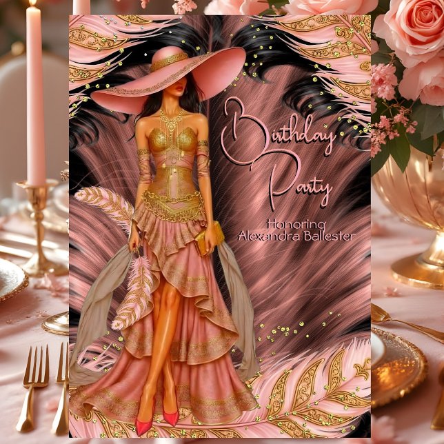 Convite Noivado Dourado de Penas Negras Rosa Exótico (Criador carregado)