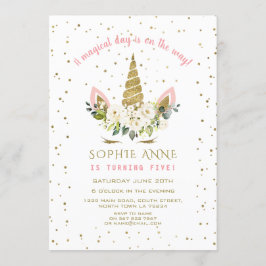 Convite Noivado Dourado de Unicórnio Floral Branco Magia