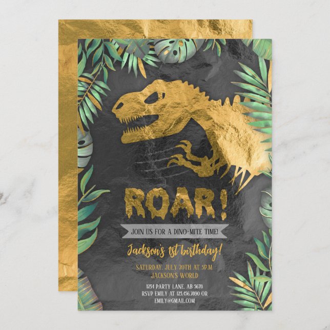 Convite Noivado Dourado do Dinossaur Roar (Frente/Verso)