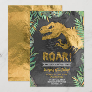 Convite Noivado Dourado do Dinossaur Roar